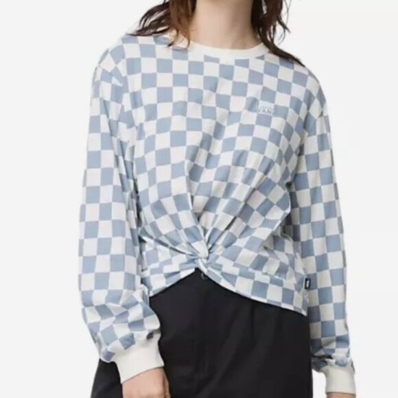 Vans Checkerboard Long Sleeve Tee Small Light Blue Twist Front Womens Top - Picture 1 of 13
